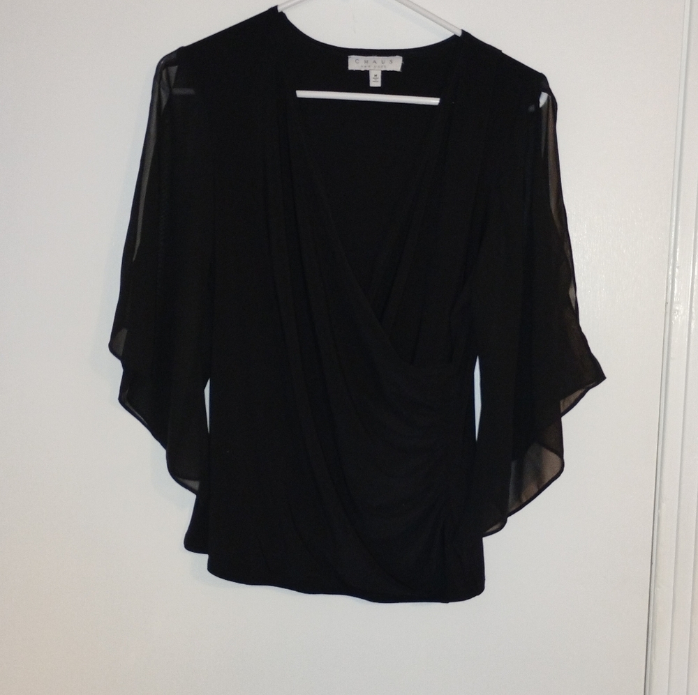 Vintage 2000s Chaus New York V Neck Ruched Flutter Sleeve Top
